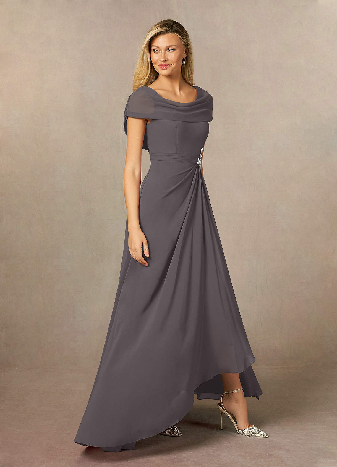 Azazie Mary Mother of the Bride Dresses Steel Grey A-Line Side Slit Chiffon Dress image3