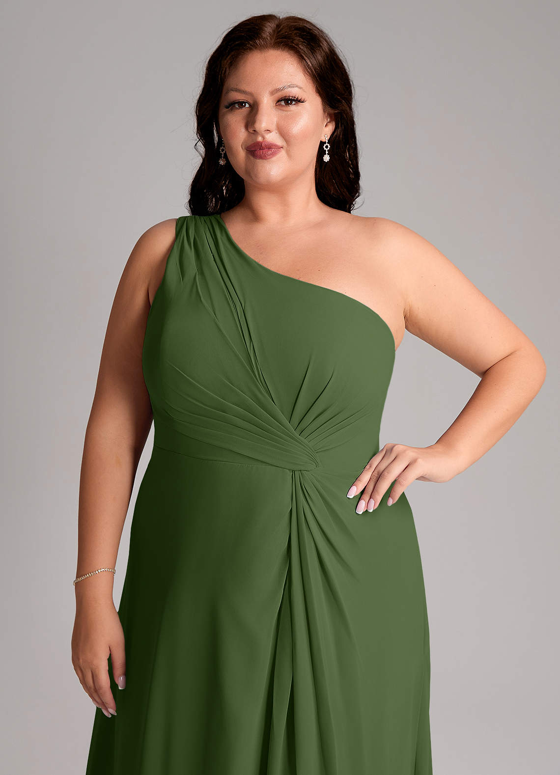 Azazie Brooke Bridesmaid Dresses Olive A-Line One Shoulder Chiffon Dress image13