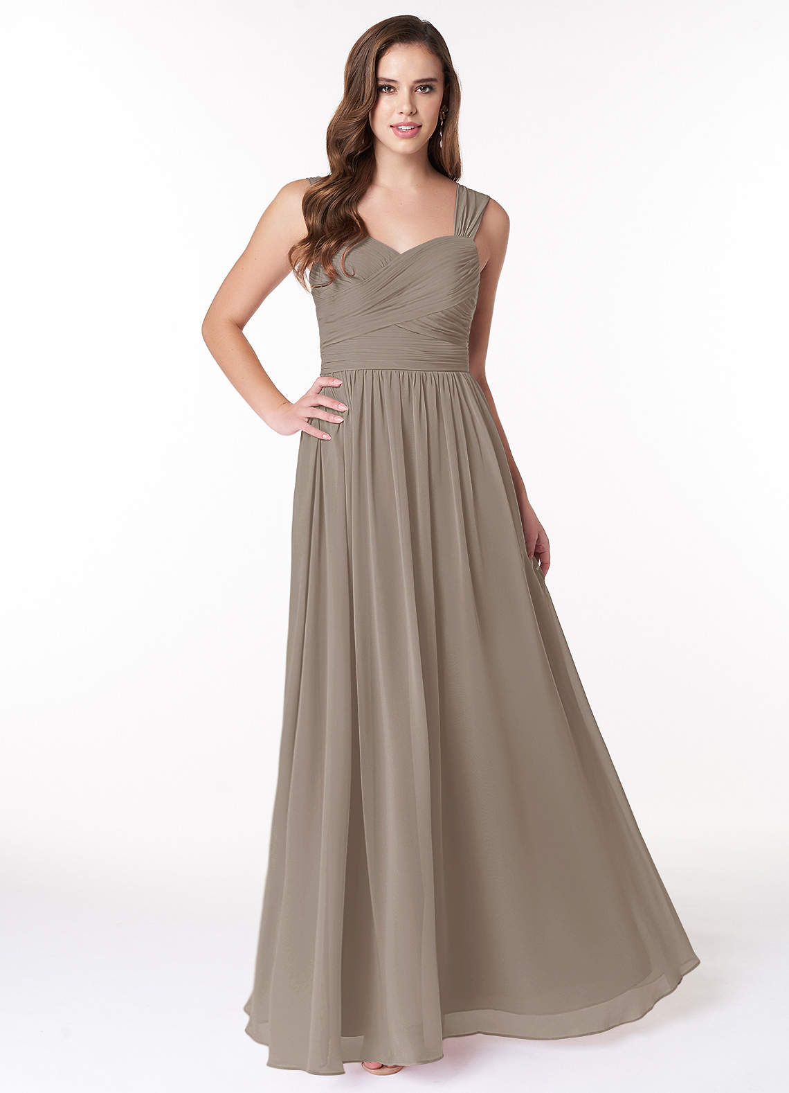 Azazie Zapheira Robes de demoiselle d'honneur Robe Trapèze en Mousseline de soie Rayé Taupe image1