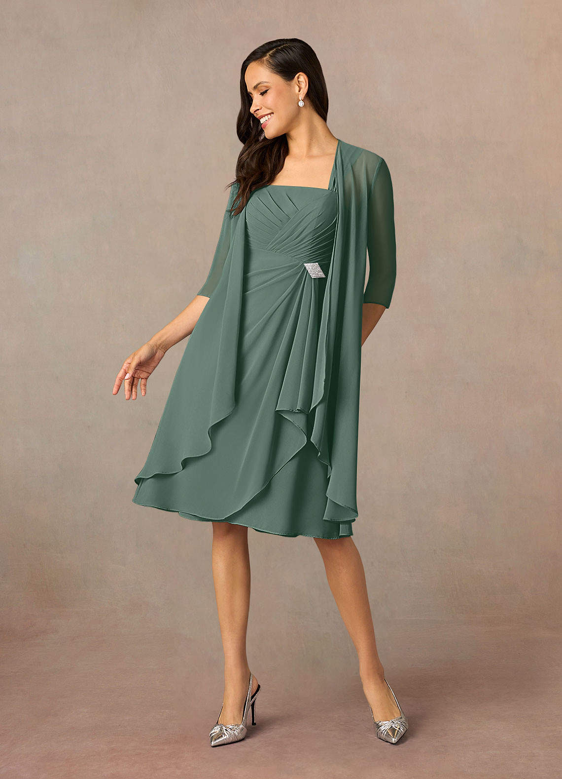 Azazie Olivia Mother of the Bride Dresses Sea Moss A-Line Square Neckline Pleated Chiffon Dress image1
