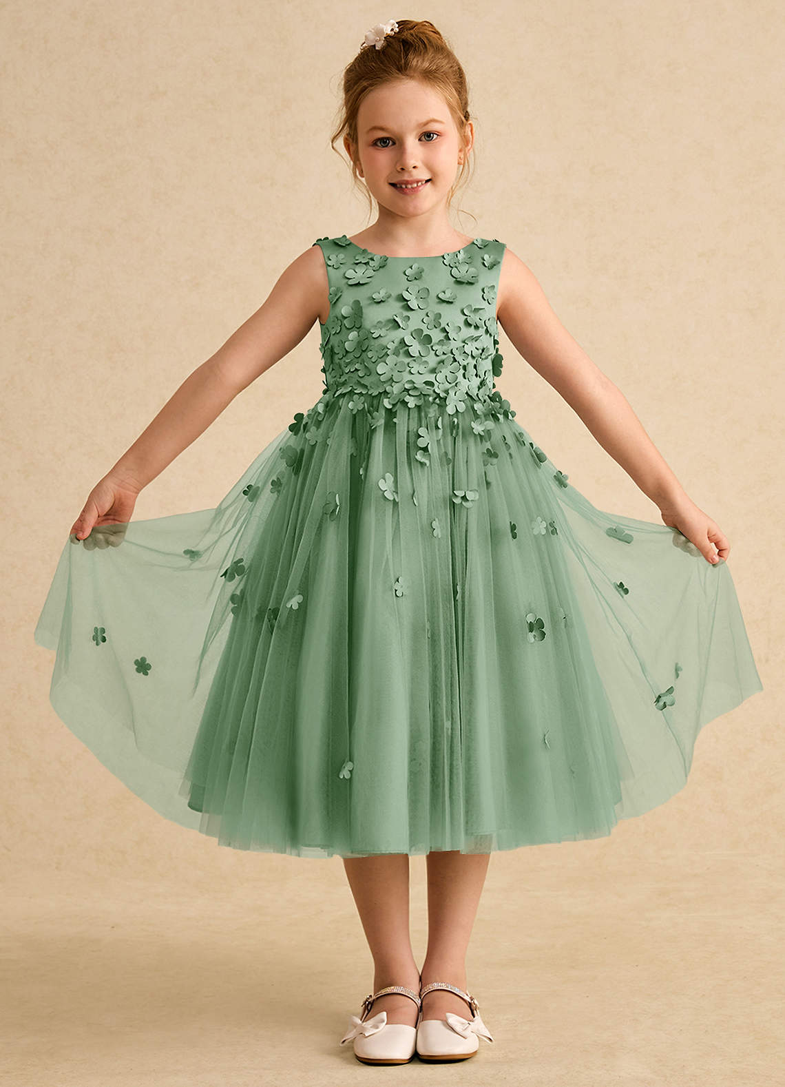 Azazie Lana Flower Girl Dresses Matcha A-Line Sleeveless Matte Satin Dress image1