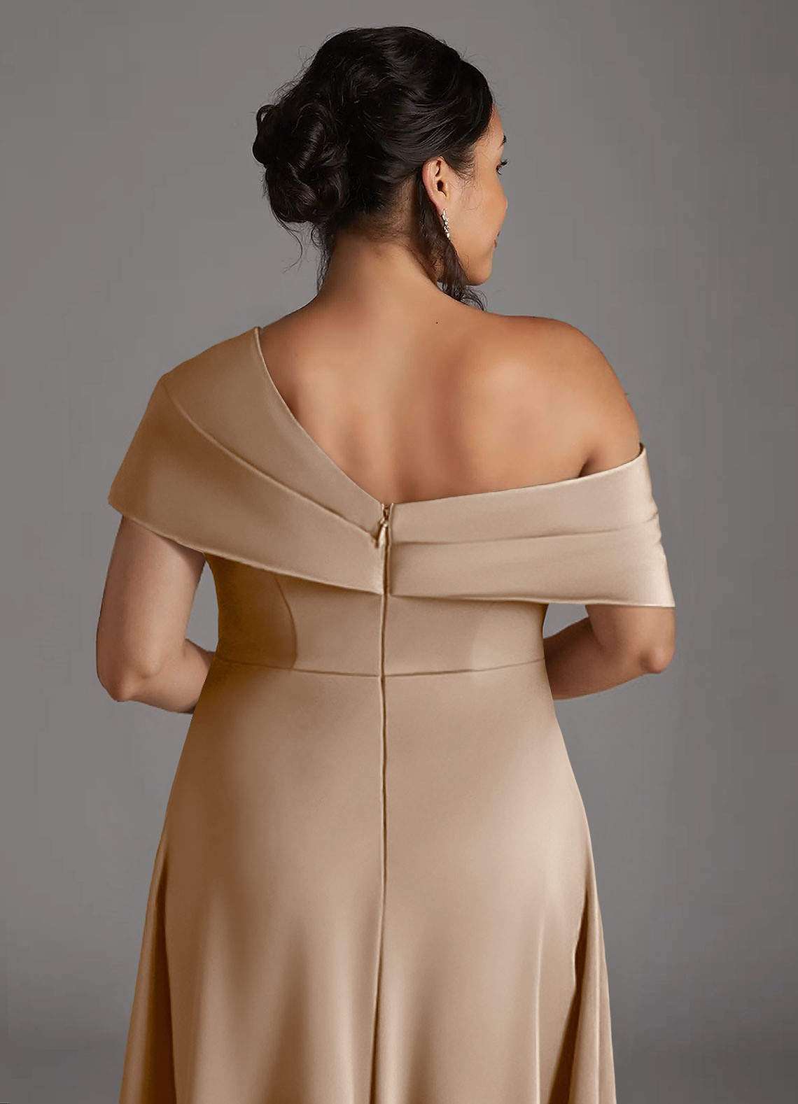 Azazie Milton Mother of the Bride Dresses Taupe A-Line Pleated Stretch Satin Dress image9