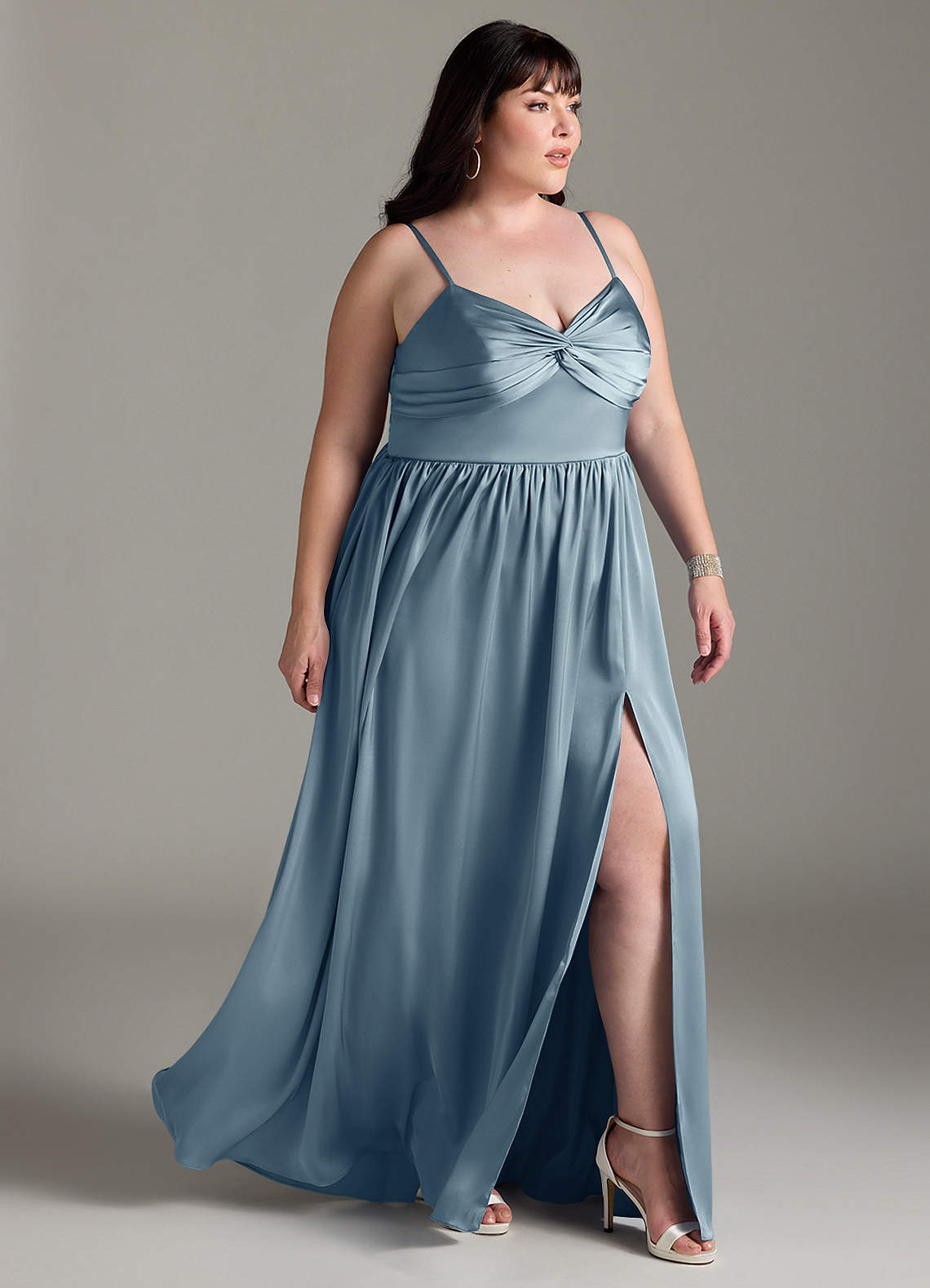 Azazie Zeya Bridesmaid Dresses Dusty Blue A-Line Pleated Stretch Satin Dress image11