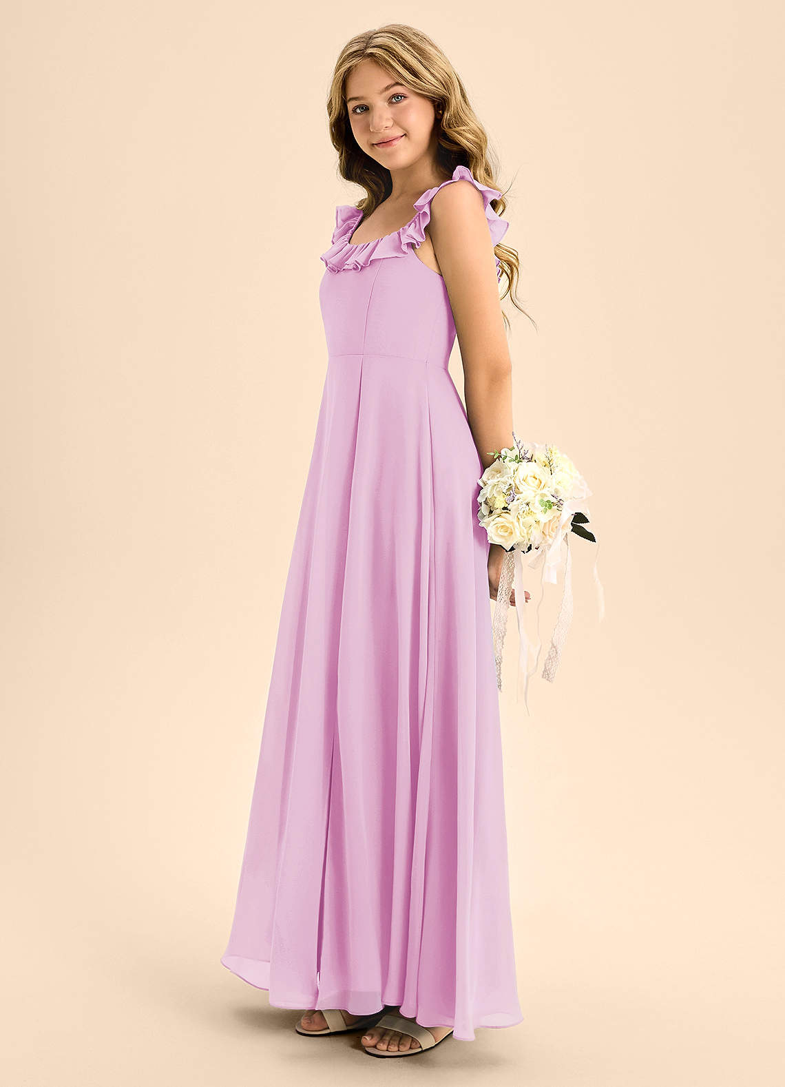 Azazie Callie Junior Vestido de Rosa Caramelo de Gasa de Corte En A con Volante image6
