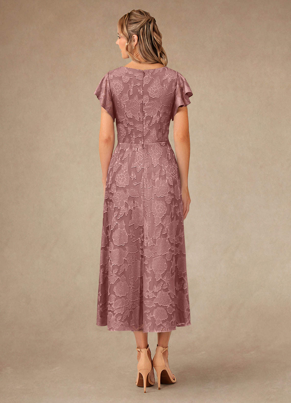 Azazie Vera Mother of the Bride Dresses Dusty Rose A-Line Pleated Floral Burnout Dress image3