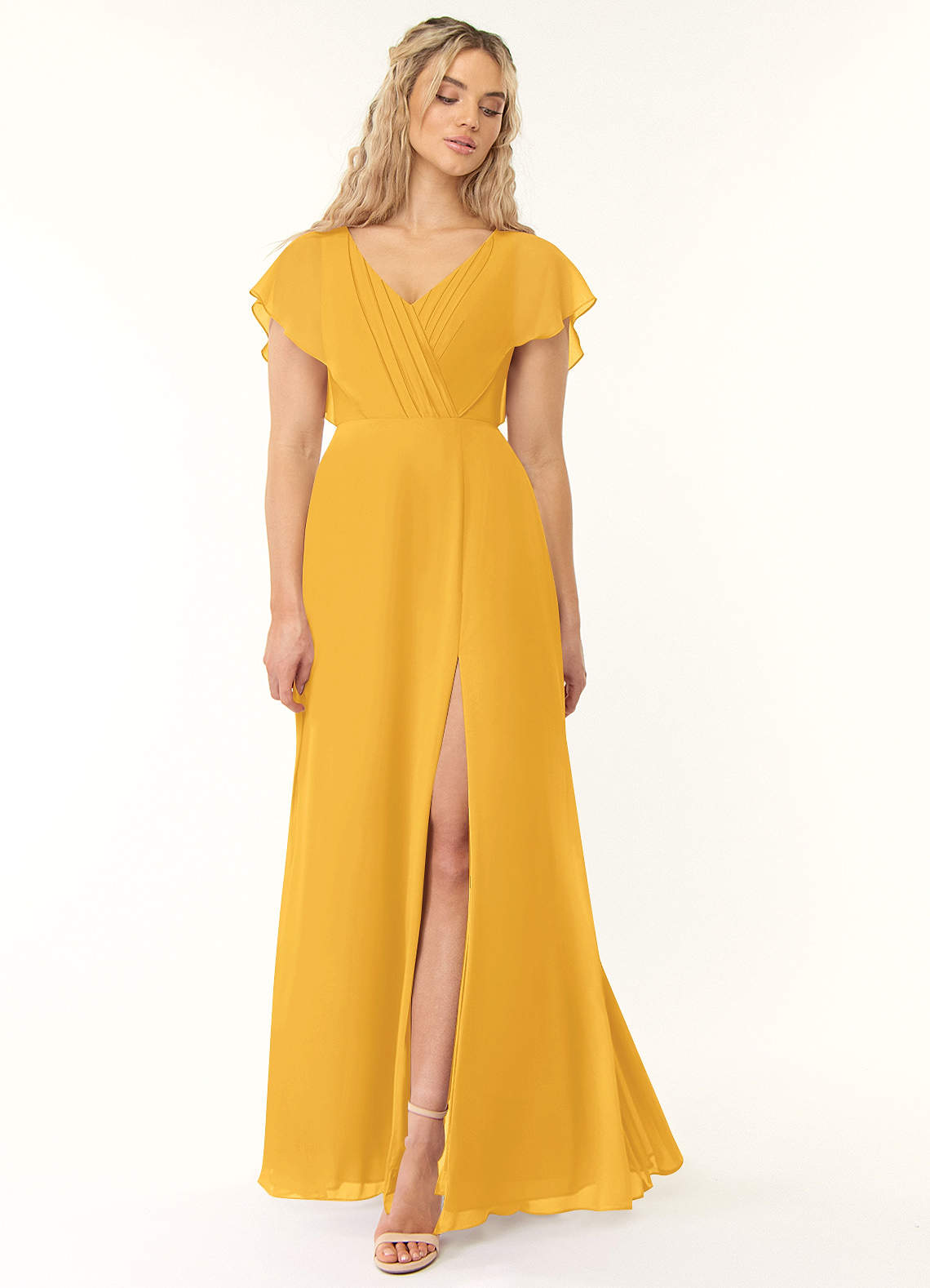 Azazie Rylee Bridesmaid Dresses Marigold A-Line Pleated Chiffon Dress image1