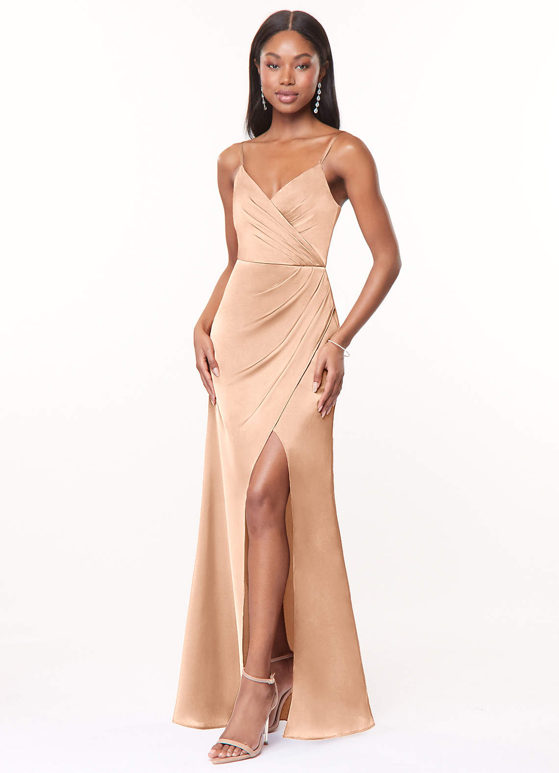 Azazie Maci Bridesmaid Dresses English Rose A-Line V-Neck Pleated Stretch Satin Dress image4