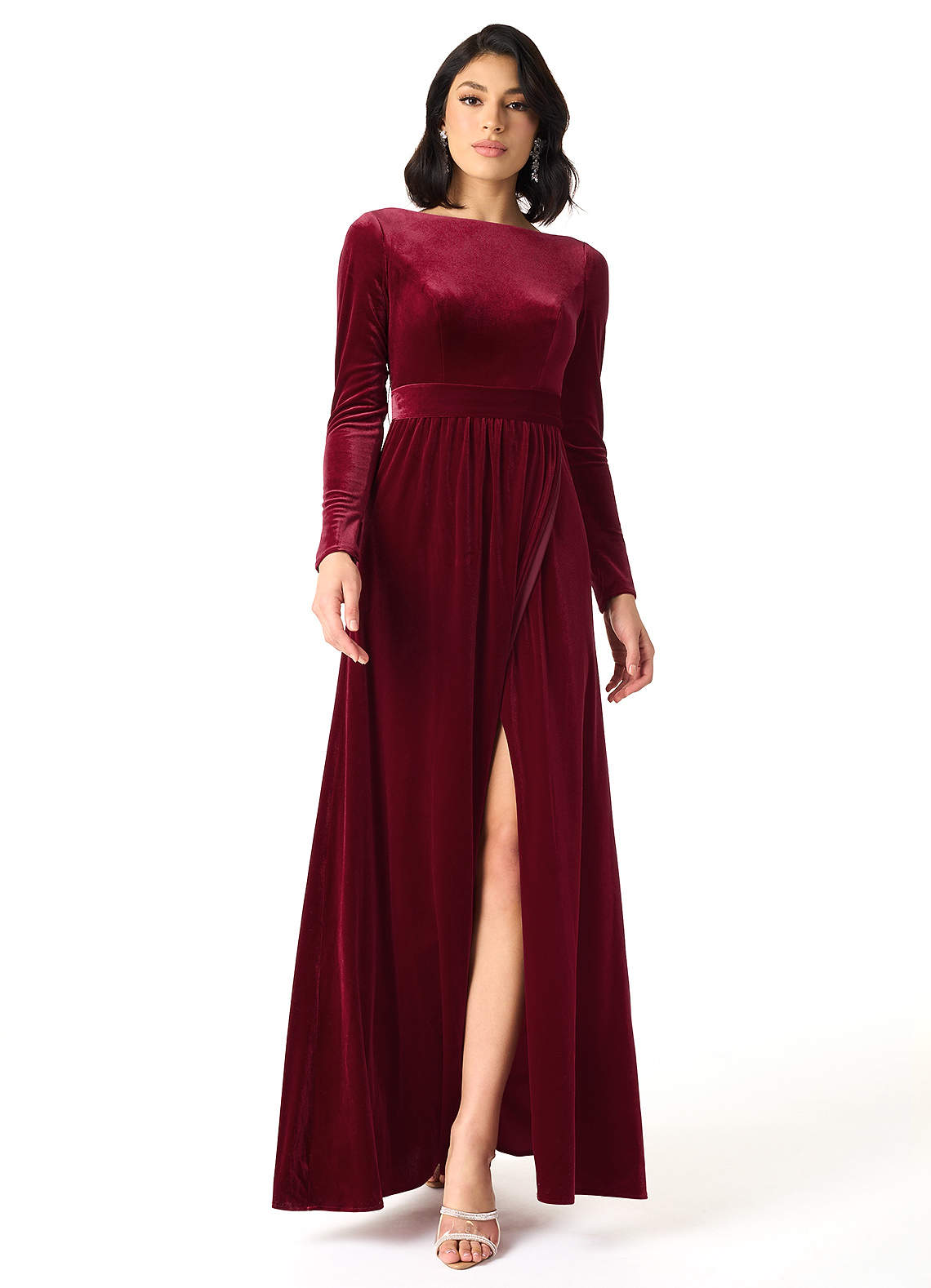 Azazie Brynn At-home Try On Dresses Burgundy A-Line Long Sleeve Velvet Dress image1