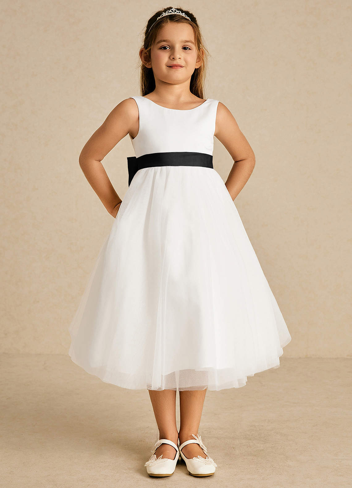 Azazie Kavi Flower Girl Dresses Ivory Black A-Line Bow Matte Satin Dress image1