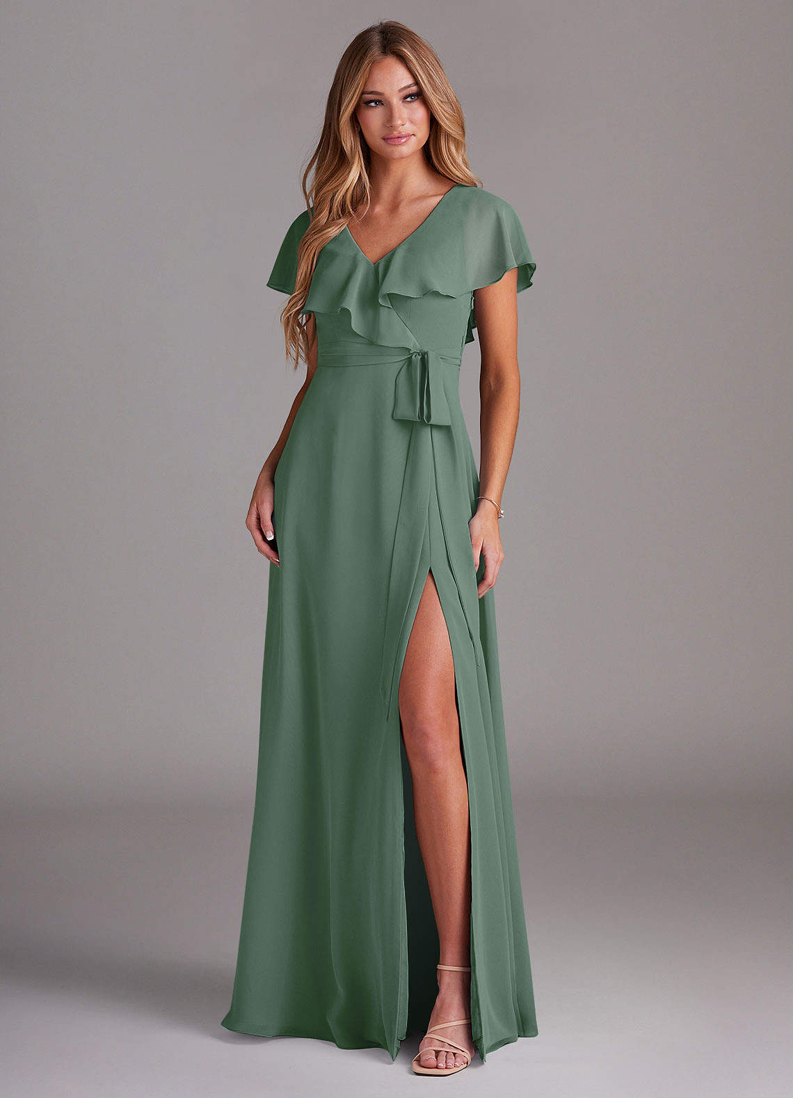 Azazie Lainey Bridesmaid Dresses Eucalyptus A-Line with Pockets Chiffon Dress image2