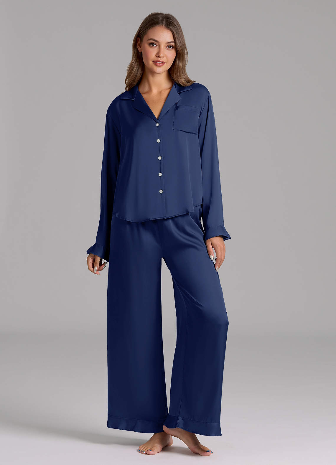 front Matching Color Ruffled Satin Long Sleeve Pajama Set