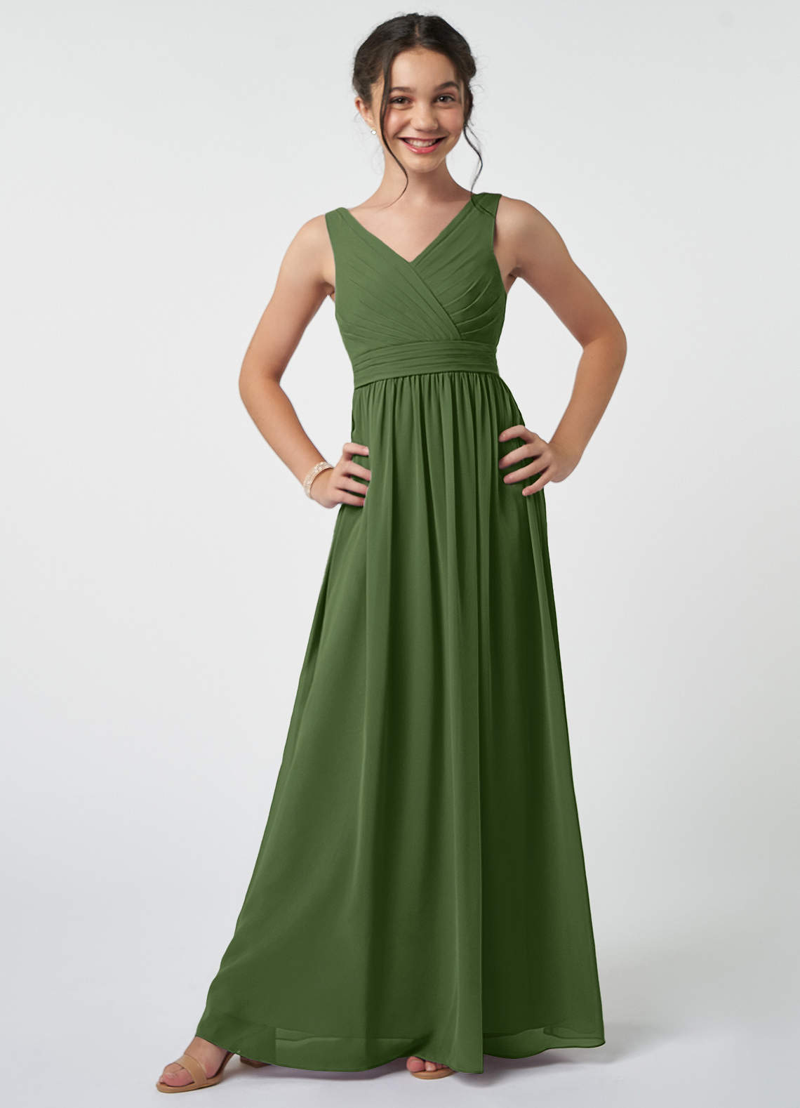 Azazie Kora Junior Olive A-Line Pleated Chiffon Dress image1