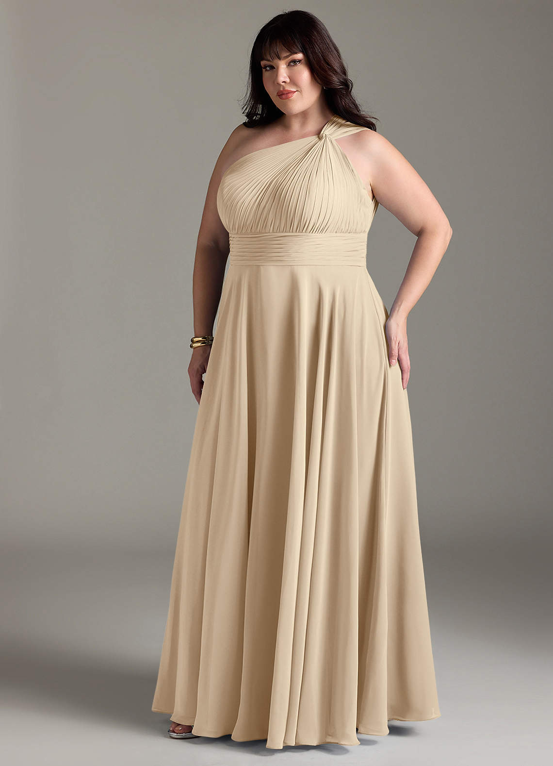 Azazie Charlize Bridesmaid Dresses Champagne A-Line One Shoulder Chiffon Dress image10