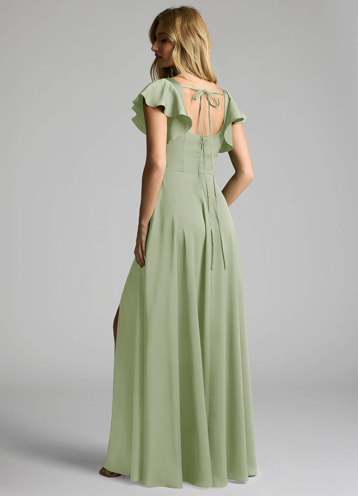 Azazie Bondi Bridesmaid Dresses Dusty Sage A-Line Bow Stretch Satin Dress image2