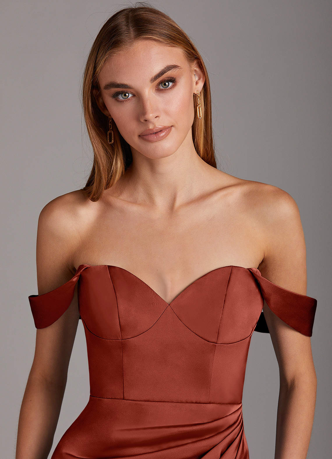 Azazie Mila Ready to Ship Terracotta Stretch Satin Bridesmaid
