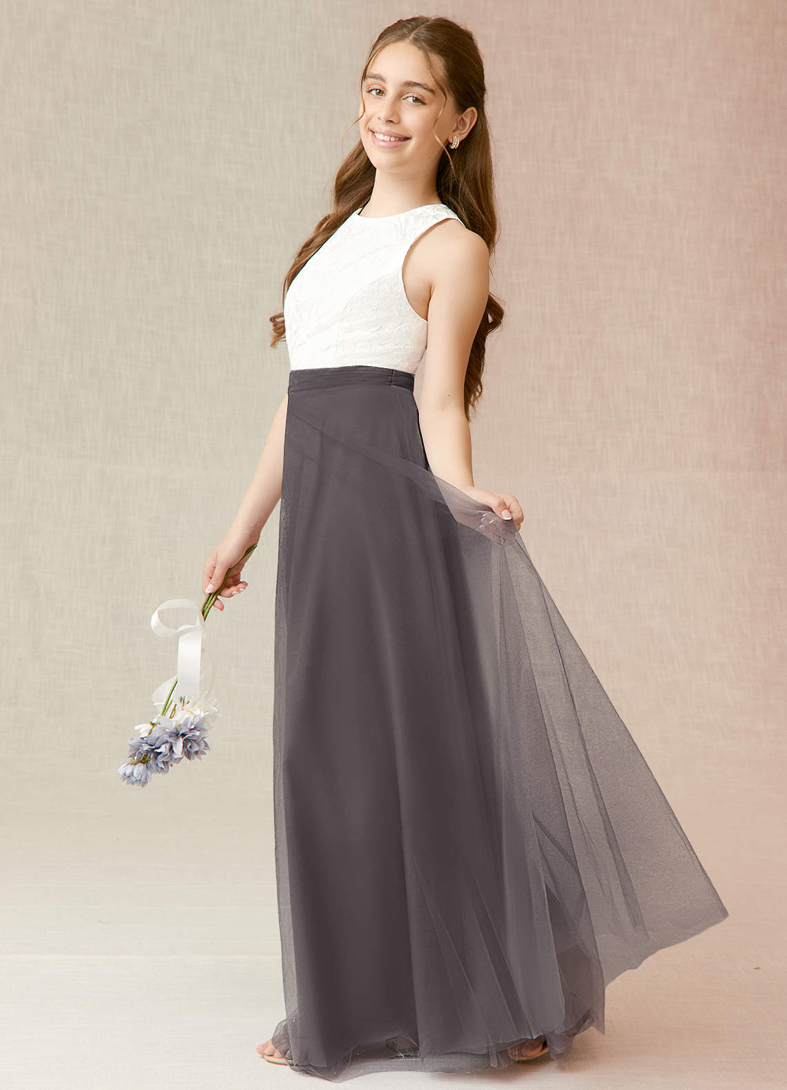 Azazie Albertine Junior Steel Grey A-Line Lace Chiffon Dress image2