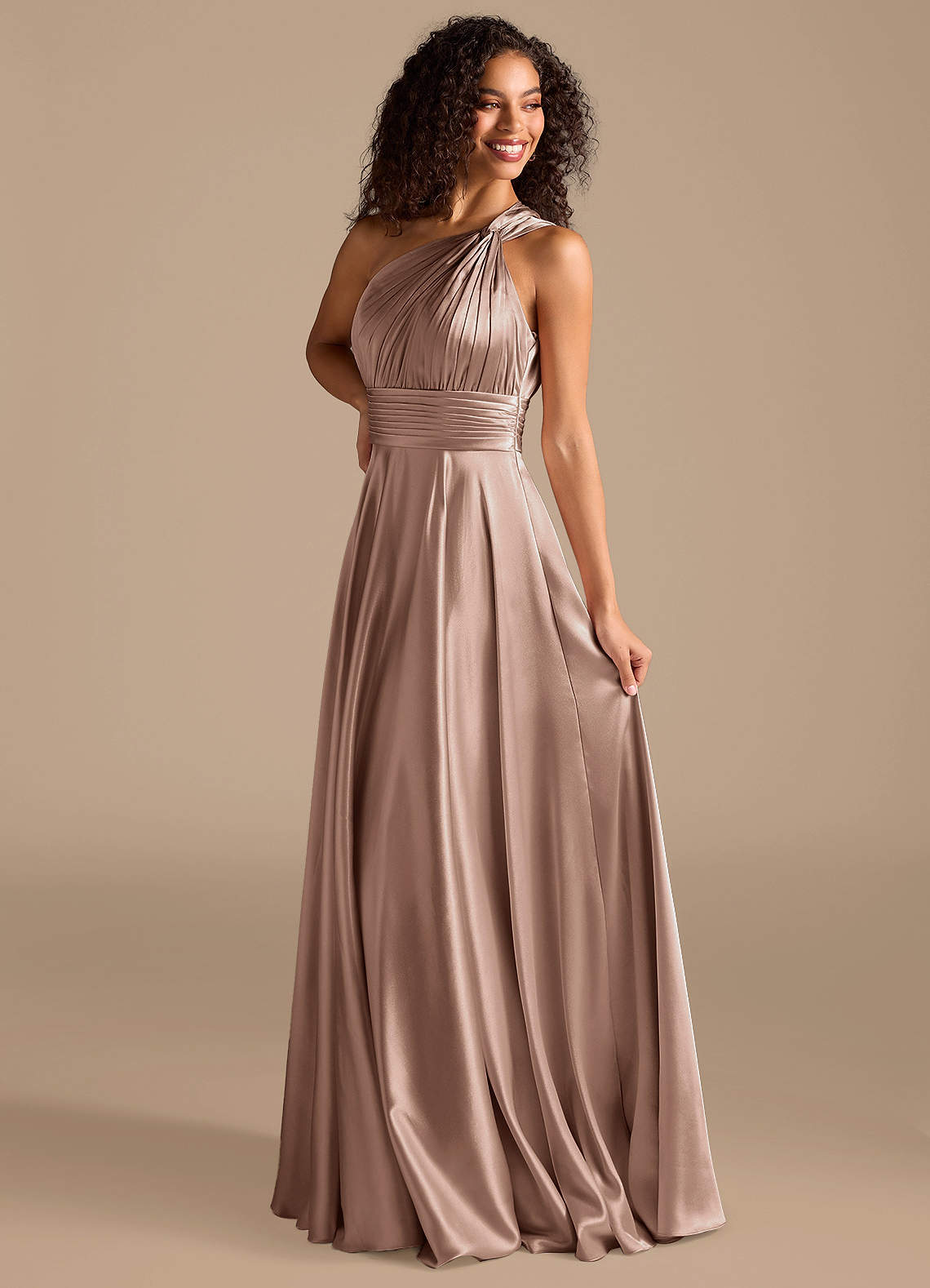 Azazie Charlize Taupe Metallic Satin Bridesmaid Dresses | Azazie