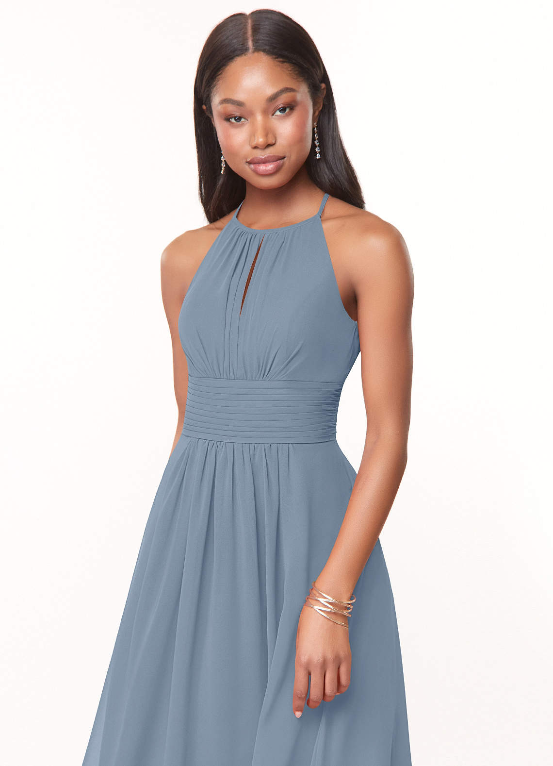 Azazie Bonnie Bridesmaid Dresses Dusty Blue A-Line Keyhole Ruched Chiffon Dress image4