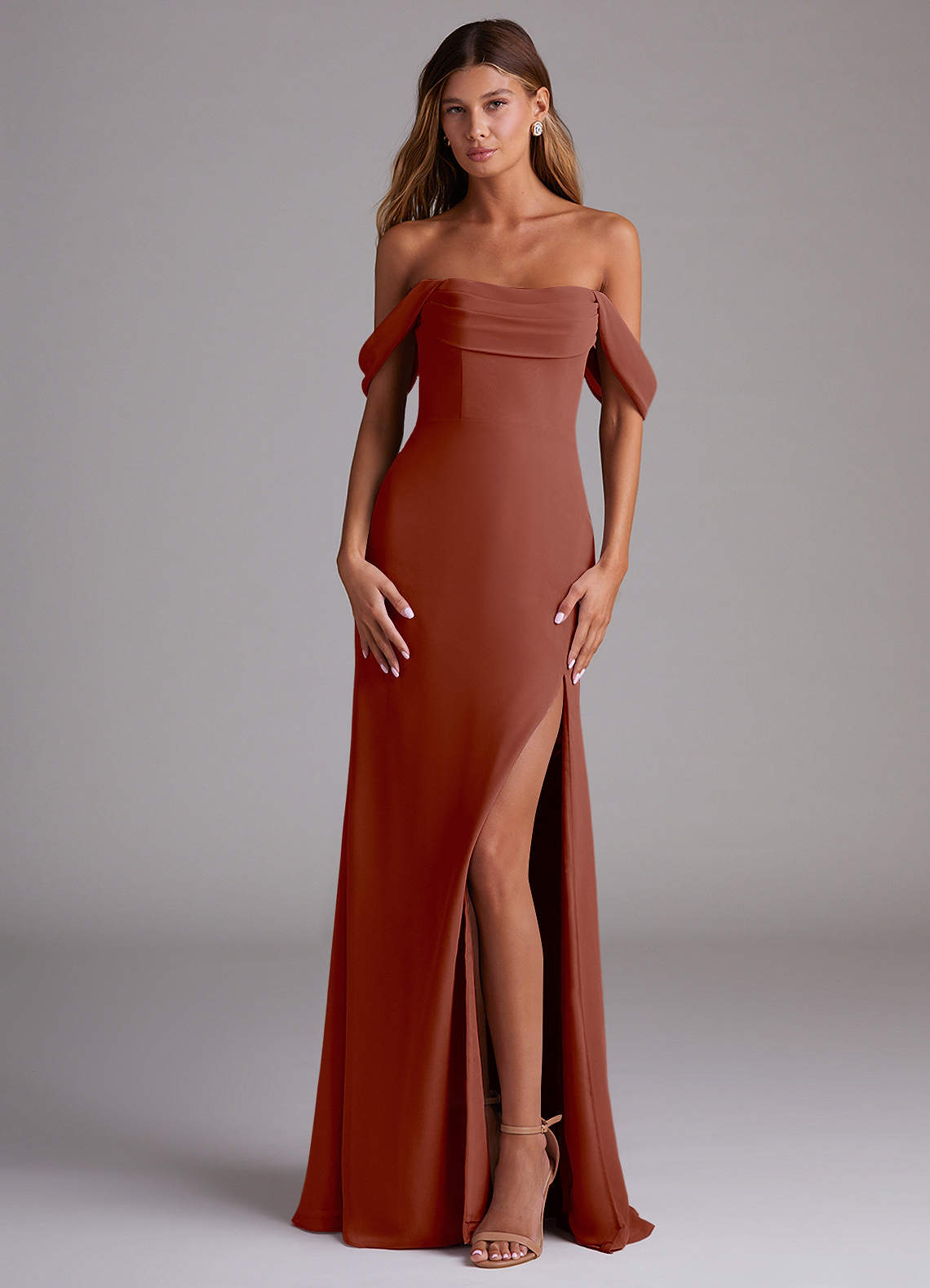 Azazie Saige Bridesmaid Dresses Auburn A-Line Off the Shoulder Chiffon Convertible Dress image1