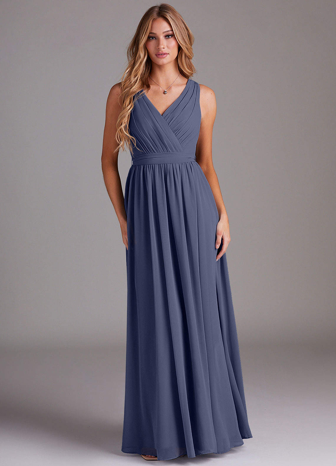 simple cotton bridesmaid dresses Wedtrend Women Dusty Blue A Line V Neck Floor Length Long Chiffon Dress with Short Sleeves, Dusty Blue / US10 last_chance_large Fleur de Fairy Color:AS PHOTO(NAVY BLUE) Detachable Overskirt