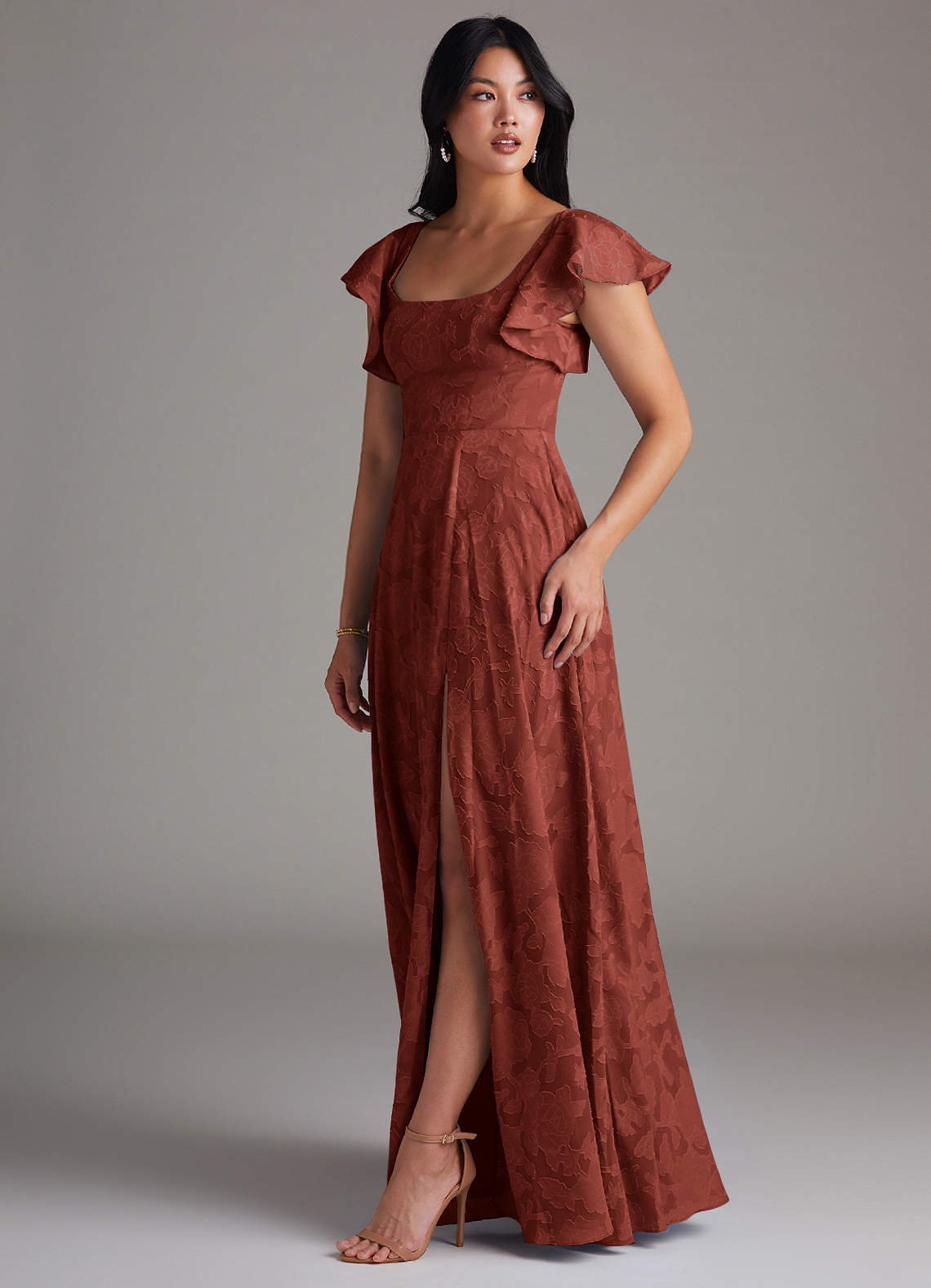 Azazie Bondi Bridesmaid Dresses Terracotta A-Line Side Slit Floral Burnout Dress image1