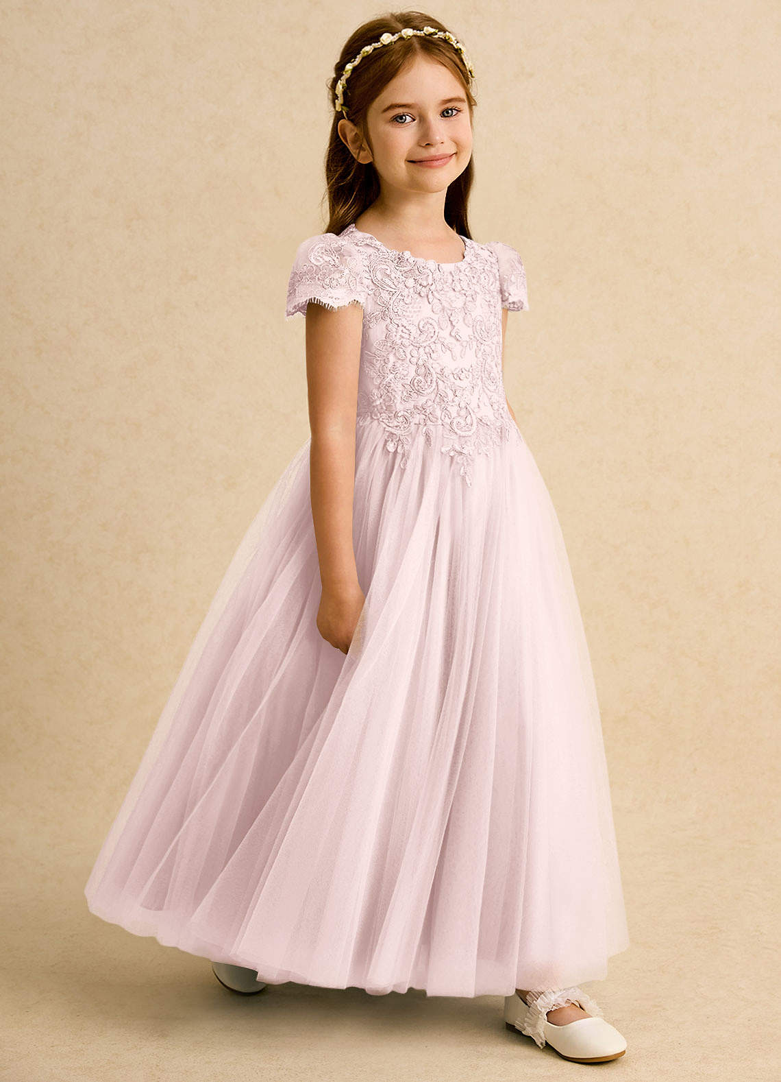 Azazie Puff Flower Girl Dresses Blushing Pink Ball-Gown Lace Tulle Dress image2