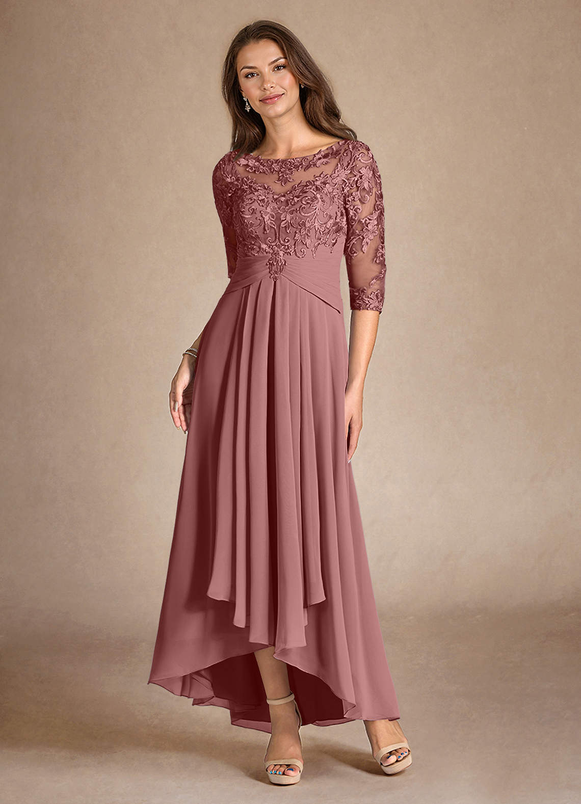 chinese dress ladies JENESSA / Tea Length Blush Wedding Dress with Long Sleeves