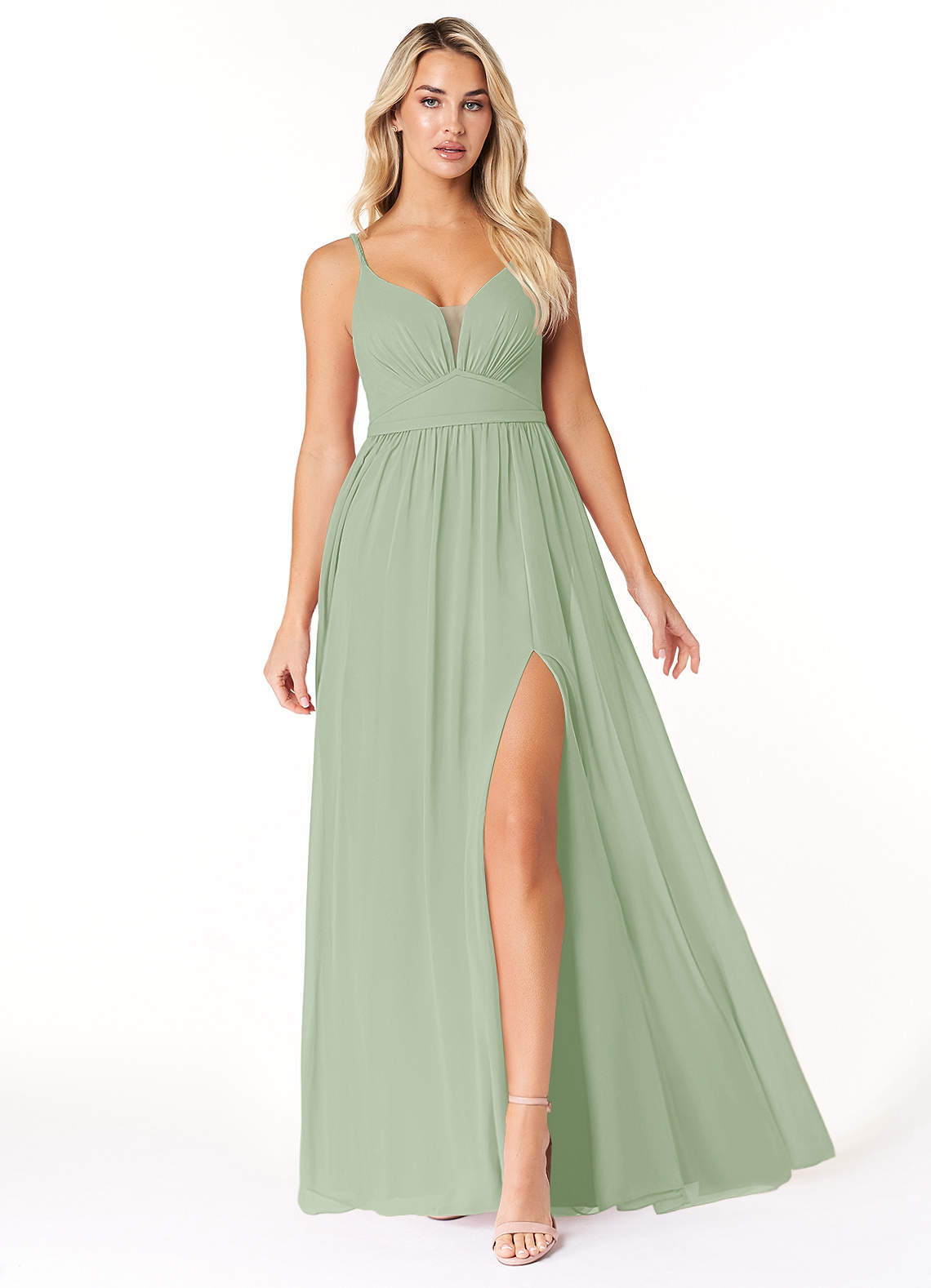 Azazie Rayna Brautjungfernkleider A-Linie V-Hals Gefaltet Chiffon Kleid Staubiger Salbeigrün image1