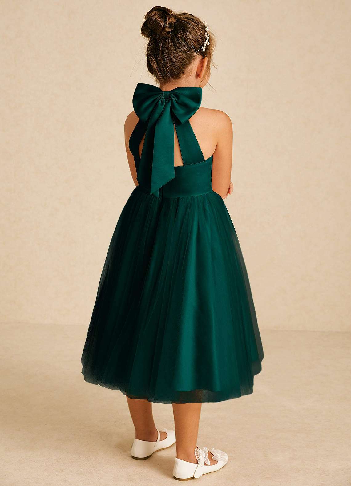 Azazie Dora Flower Girl Dresses Pine A-Line Bow Tulle Dress image1