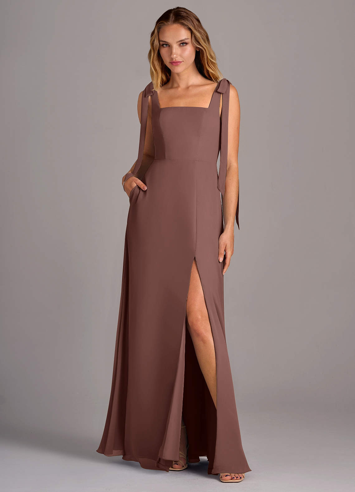 Azazie Debra Bridesmaid Dresses Espresso A-Line with Pockets Chiffon Convertible Dress image1