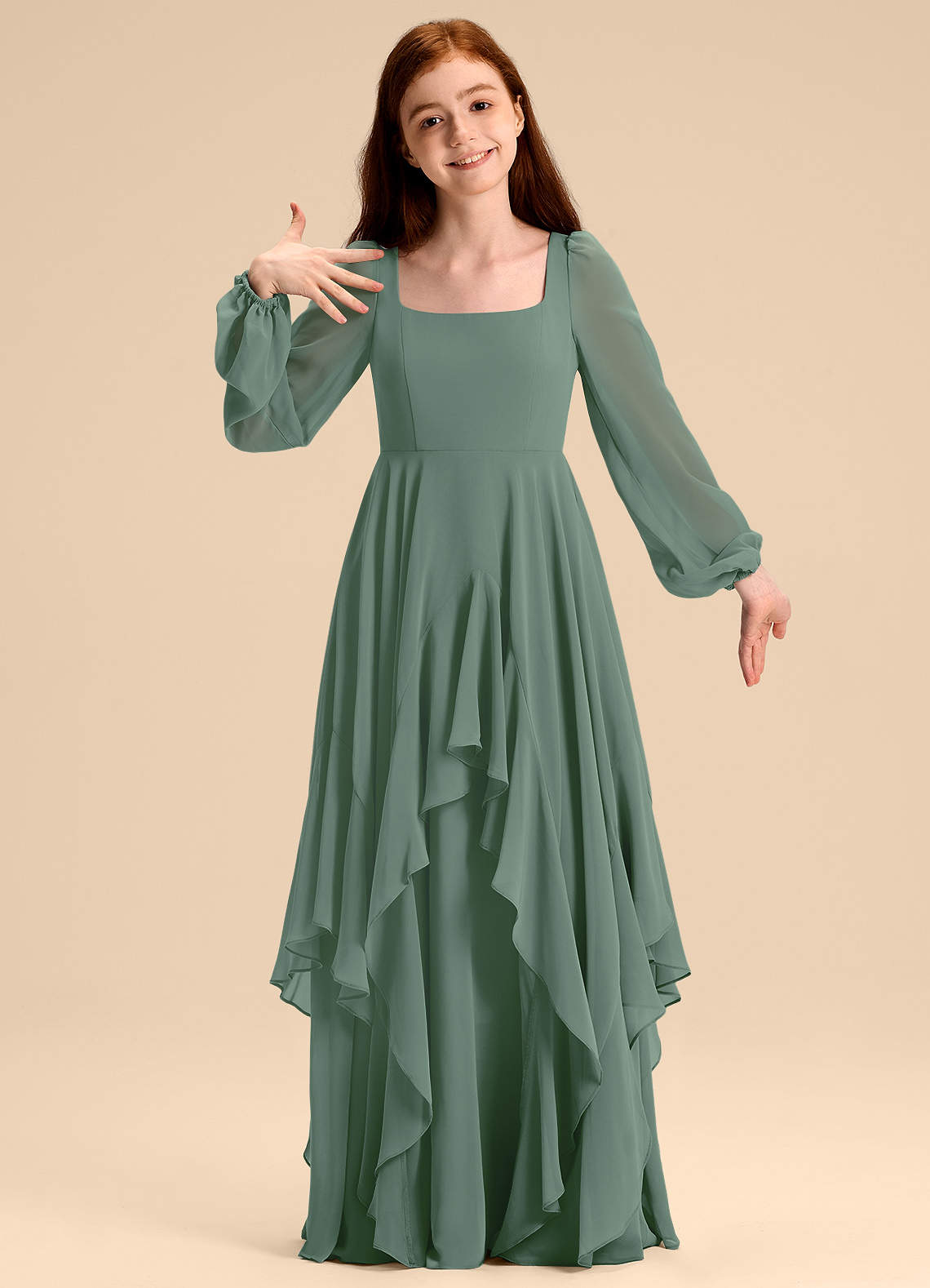 Azazie Clara Junior Eucalyptus A-Line Blouson Chiffon Dress image1