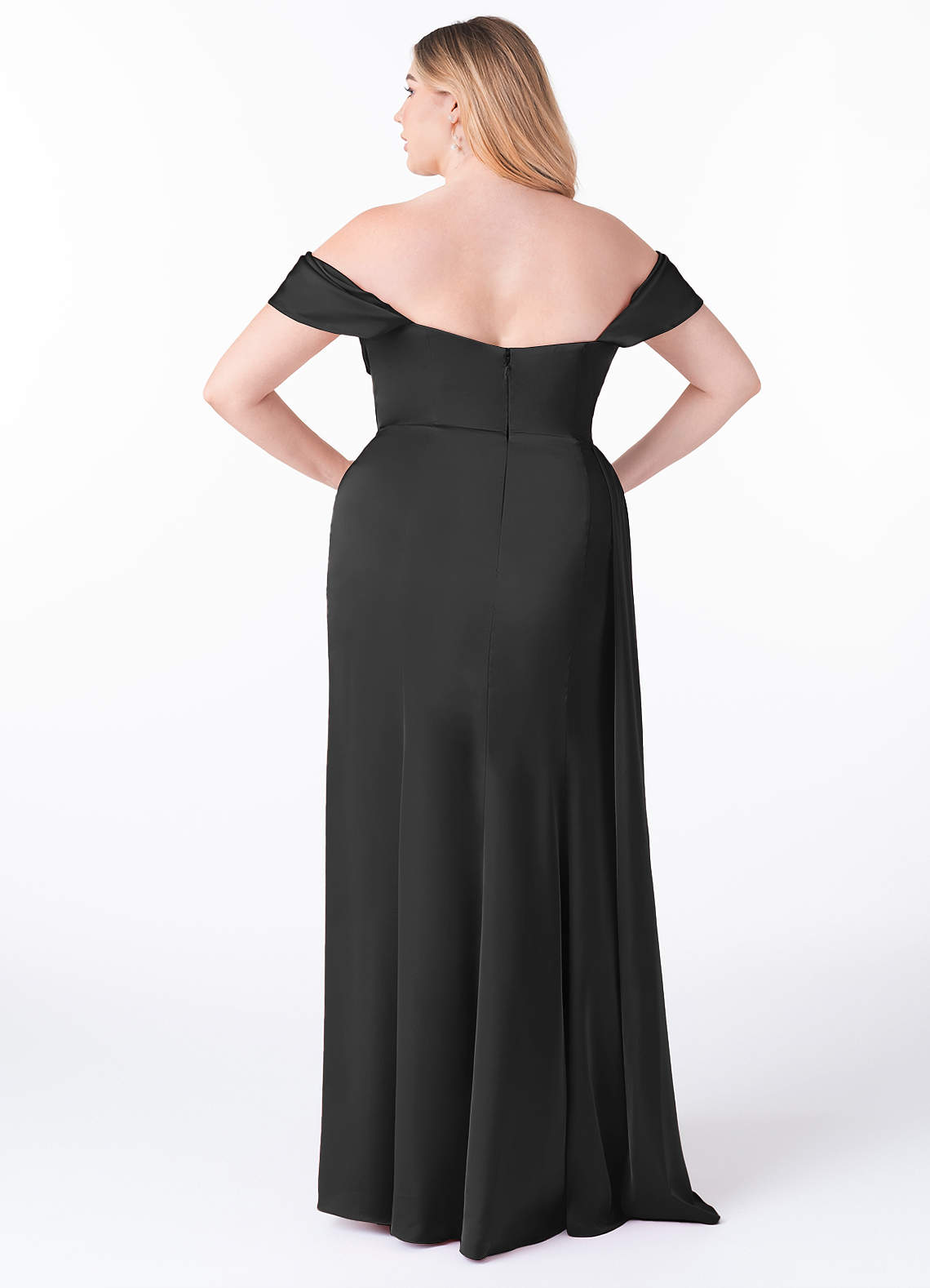 Azazie Amyra Bridesmaid Dresses Black Sheath Off the Shoulder Stretch Satin Convertible Dress image10