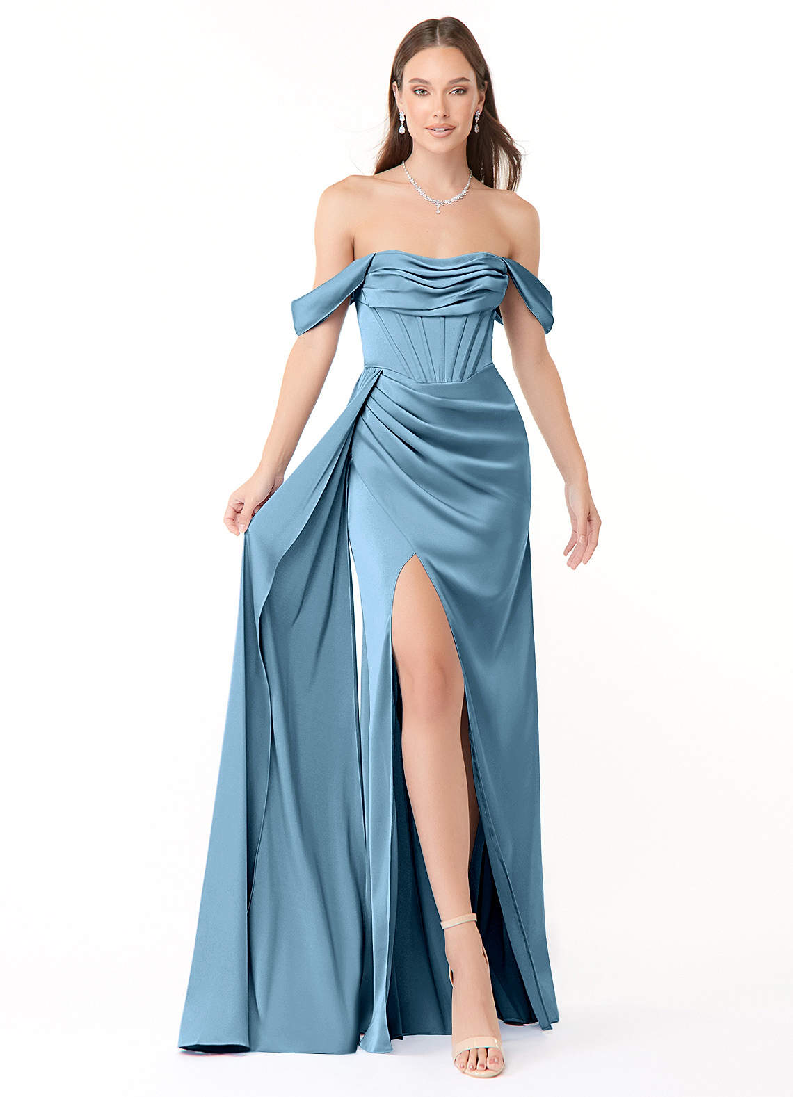 Azazie Amyra Bridesmaid Dresses Steel Blue Sheath Off the Shoulder Stretch Satin Convertible Dress image1