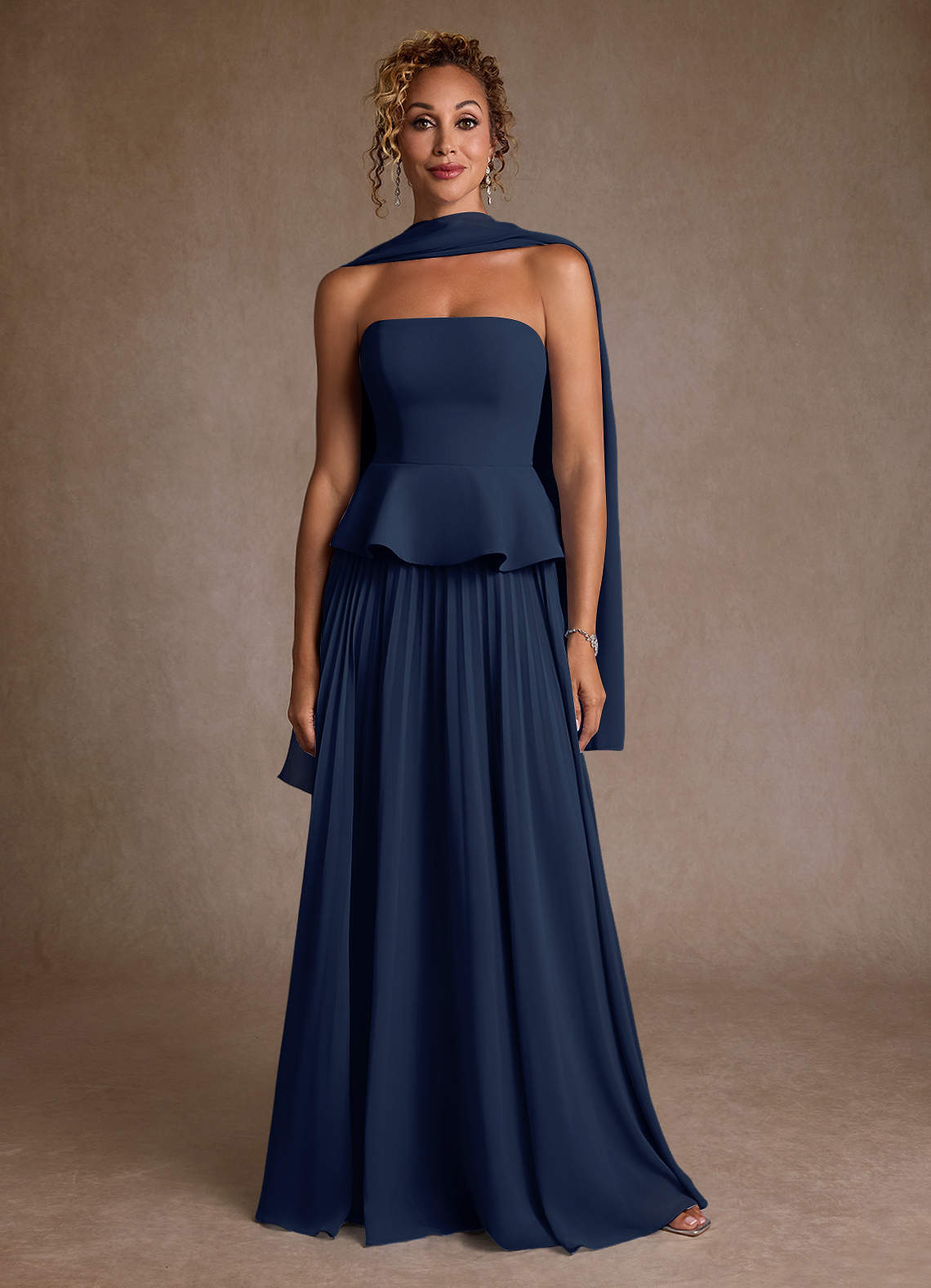Azazie Josabeth Dark Navy A-Line Pleated Chiffon Dress Ready to