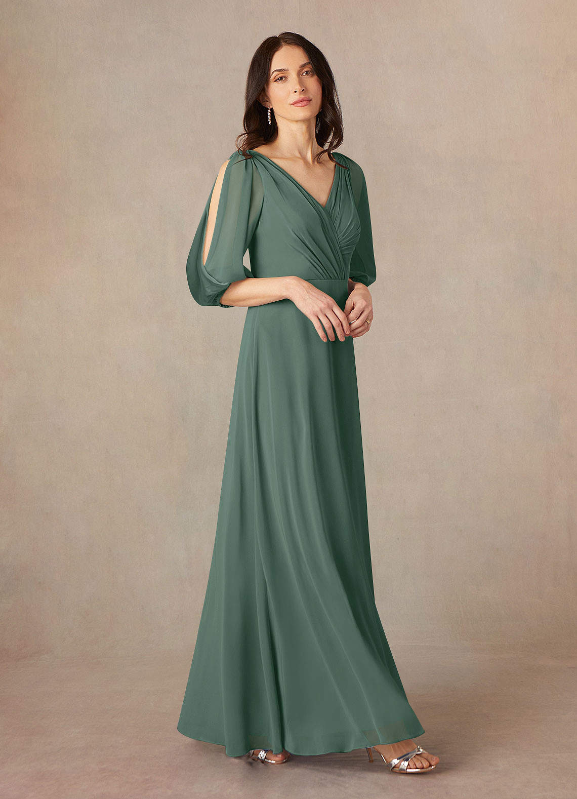 Azazie Bronwyn Kleider für die Brautmutter A-Linie V-Hals Gerüscht Chiffon Kleid Seemoos image1