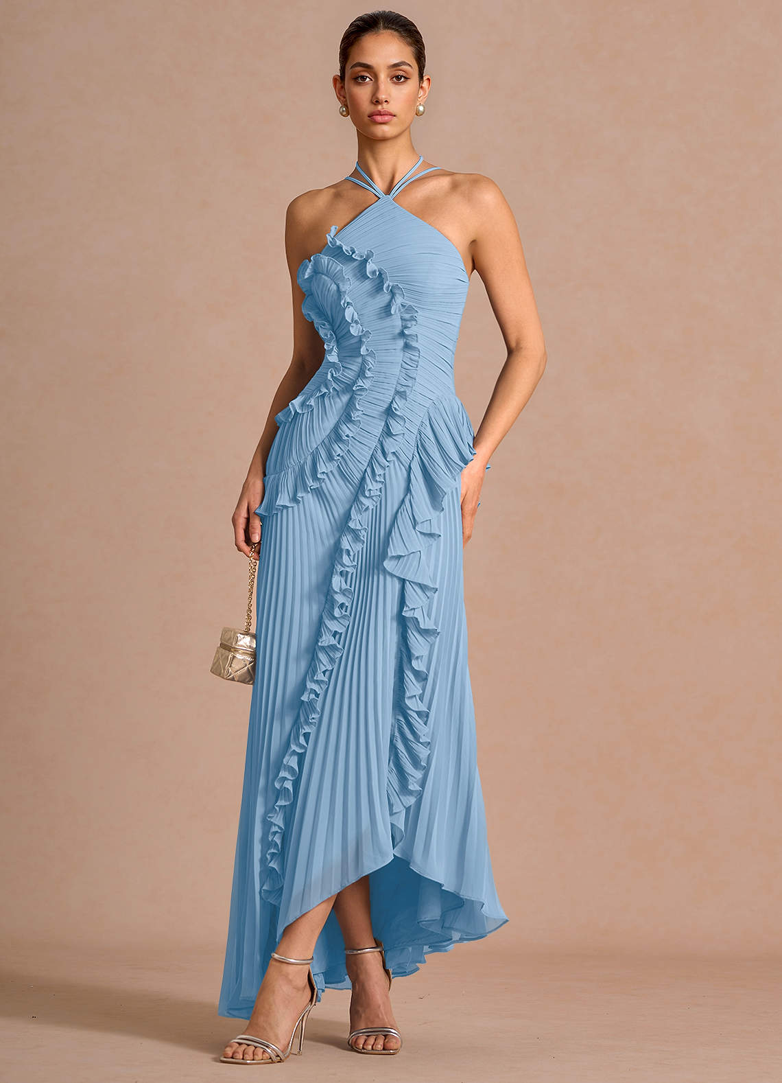 haze blue dress Azazie Maxi Dresses A-Line Wedding Guest Semi-Formal Dresses Halter Ruffles personalized fit Ready for Merch Color:purple velvet City Chic Women's Abbie Blue corset