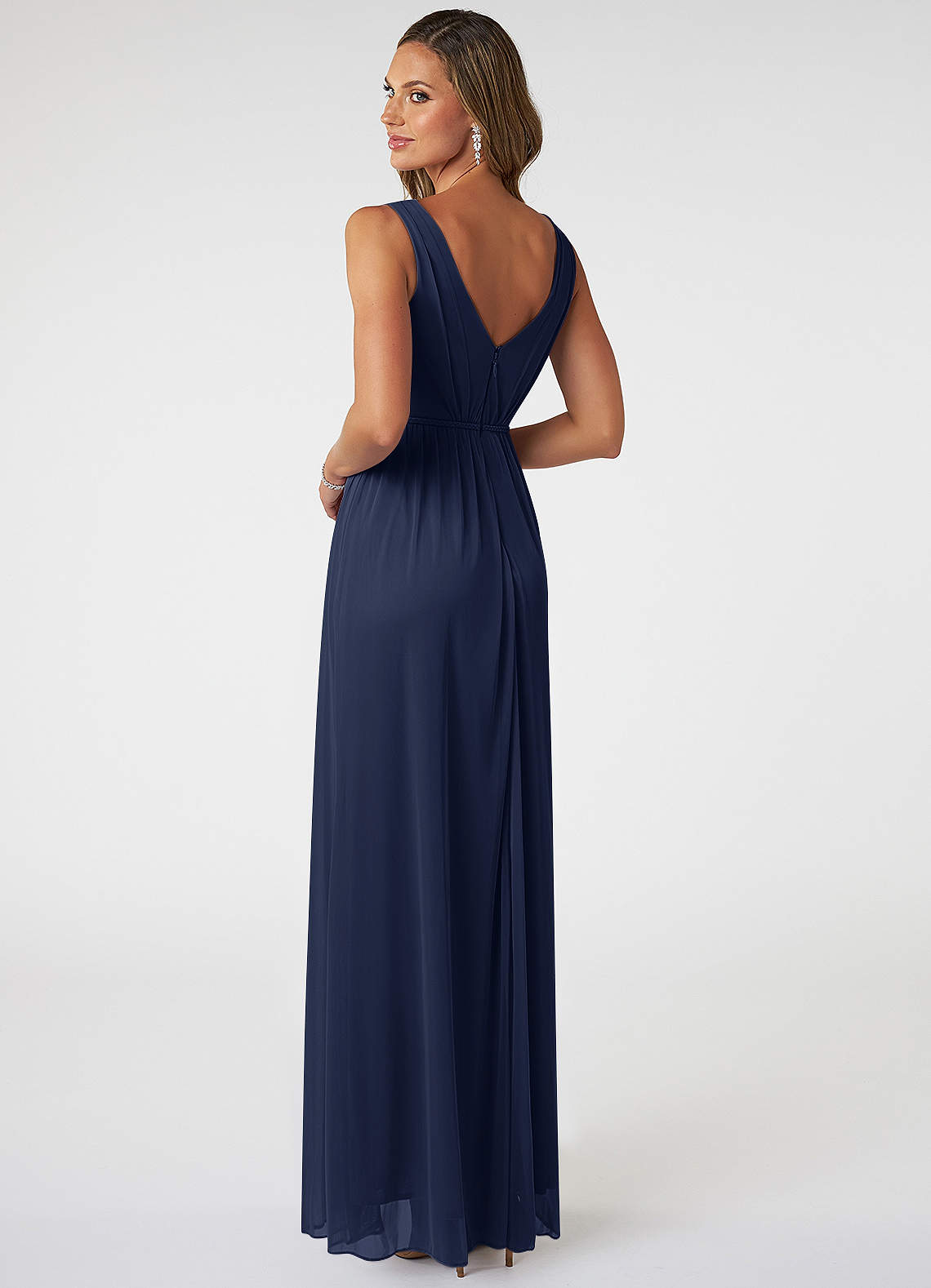 Azazie Tanicia Bridesmaid Dresses Dark Navy A-Line V-Neck Pleated Mesh Dress image3
