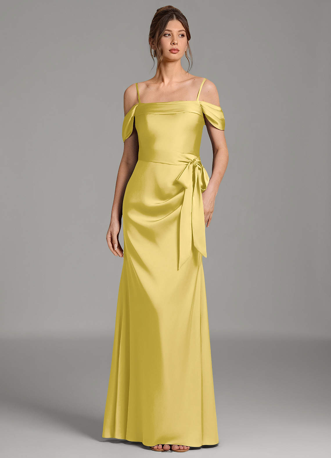 yellow taffeta bridesmaid dresses Azazie Wyatt Canary Stretch Satin Line Fabric ProductID: 107787 Chappell Roan Changed Into Color:Celeste