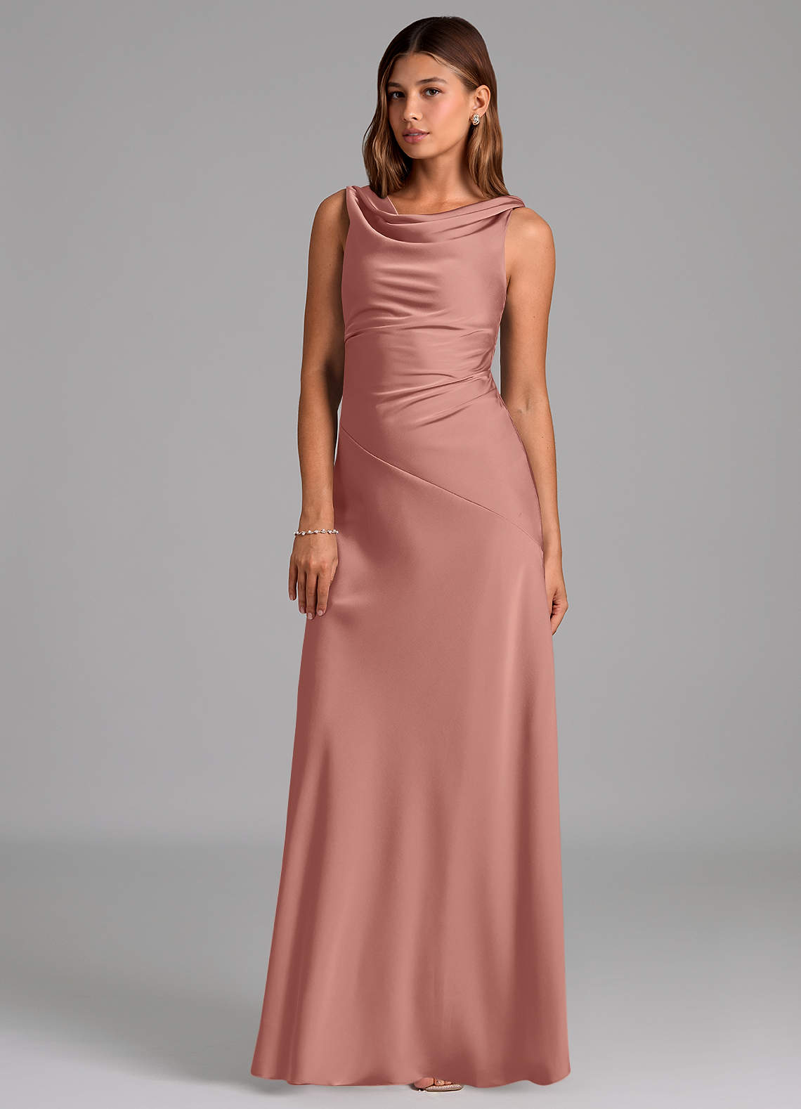 Azazie Nerine Bridesmaid Dresses Rosette A-Line Pleated Stretch Satin Dress image1