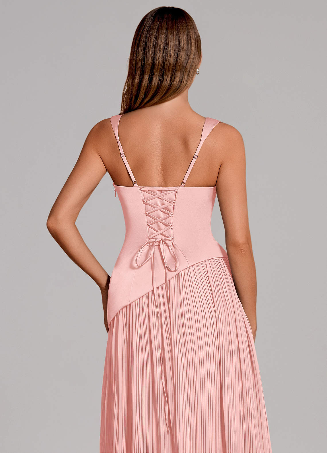 Azazie Stephanie Vestidos de damas de honor Vestido de Rosa Empolvado de Satén Elástico de Corte en A con Plisado image1