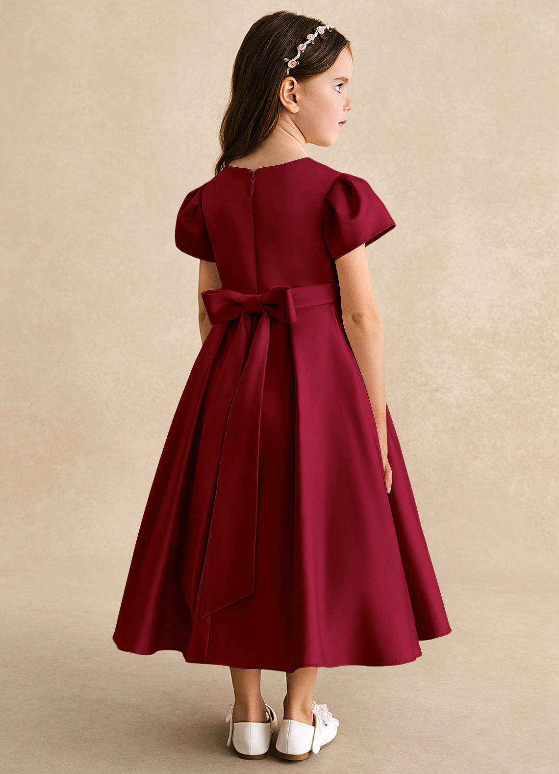 Azazie Princess Flower Girl Dresses Burgundy A-Line Pleated Matte Satin Dress image1