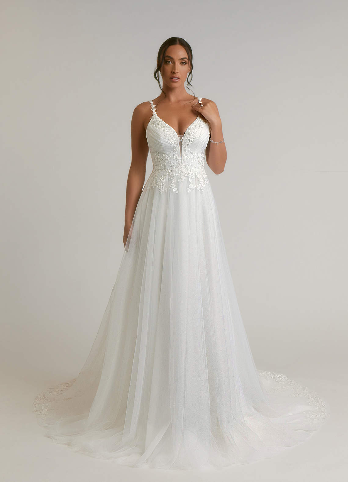 Azazie Devi Wedding Dresses Diamond White A-Line V-Neck Lace Tulle Dress image1