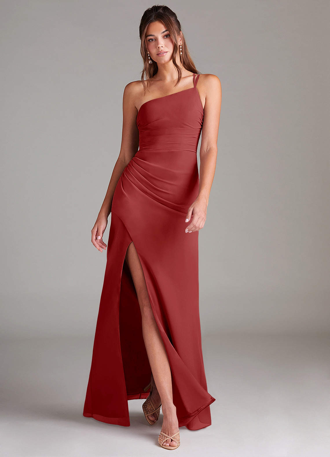 Azazie Eren Bridesmaid Dresses Rust Sheath One Shoulder Chiffon Dress image1
