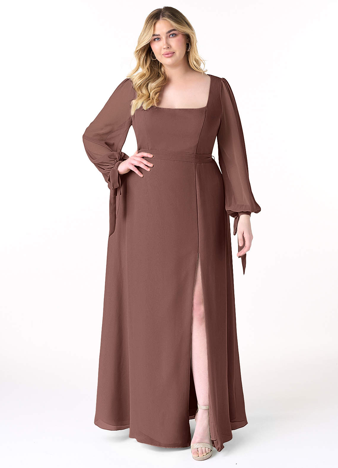 Azazie Leonia Bridesmaid Dresses Espresso A-Line Long Sleeve Chiffon Dress image1