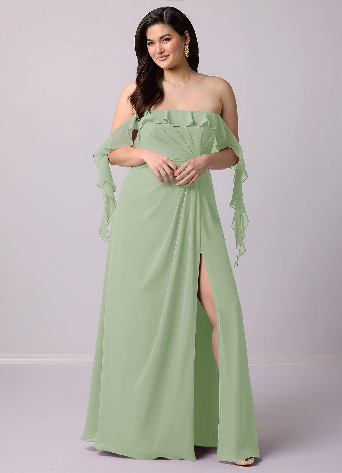 Barbie ♥ Azazie Bridesmaid Dresses Dusty Sage A-Line Off the Shoulder Chiffon Convertible Dress image9