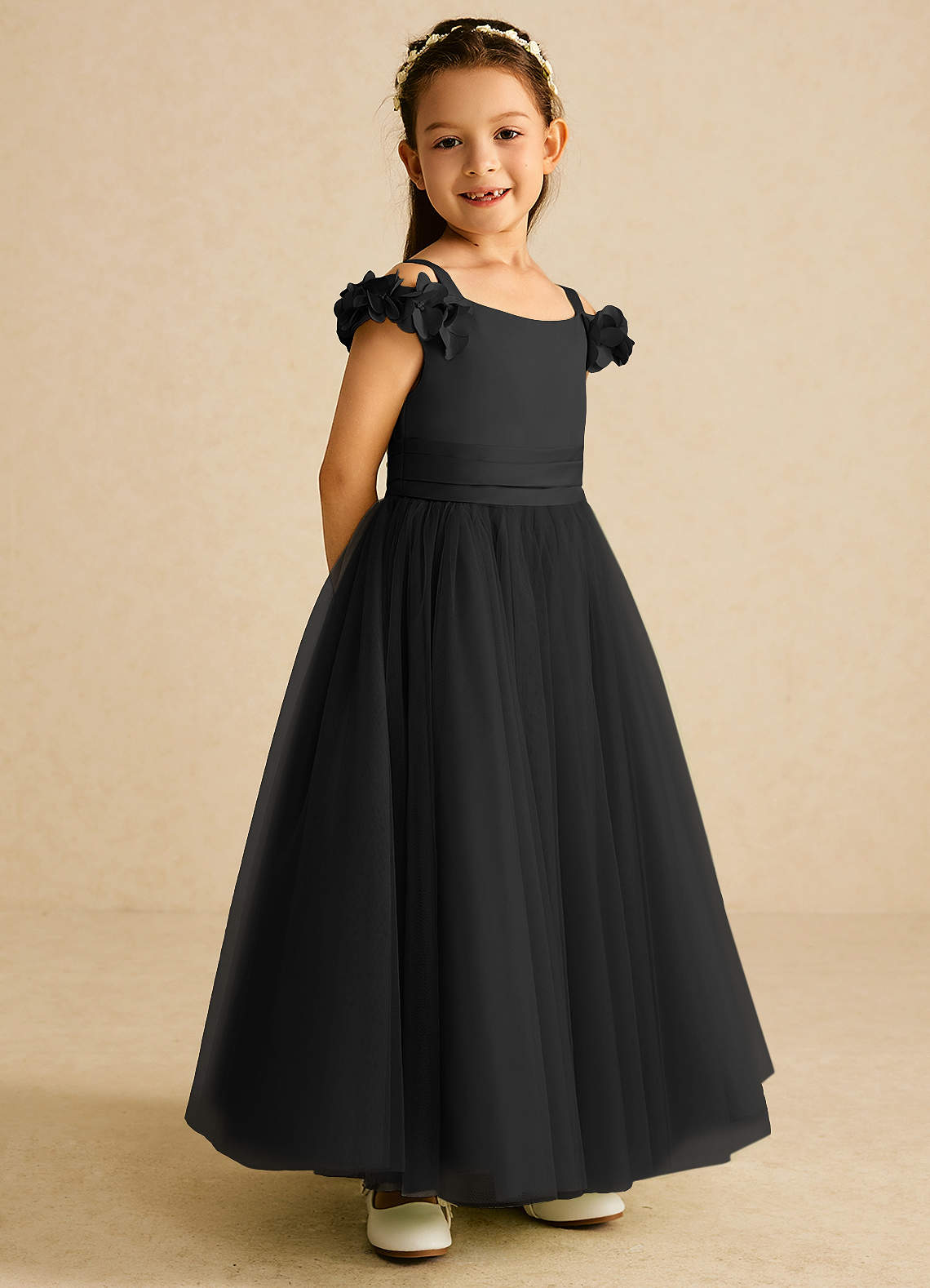 Azazie Jujube Flower Girl Dresses Black A-Line Beaded Tulle Dress image1