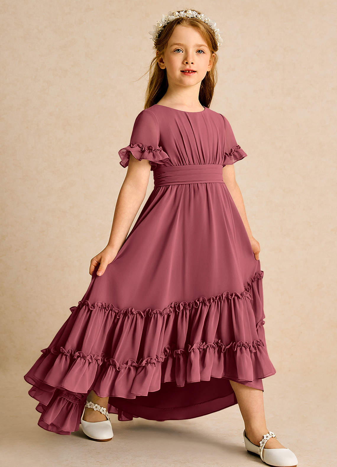 Azazie Kass Blumenmädchenkleider A-Linie Plissee Chiffon Kleid Merlot image1