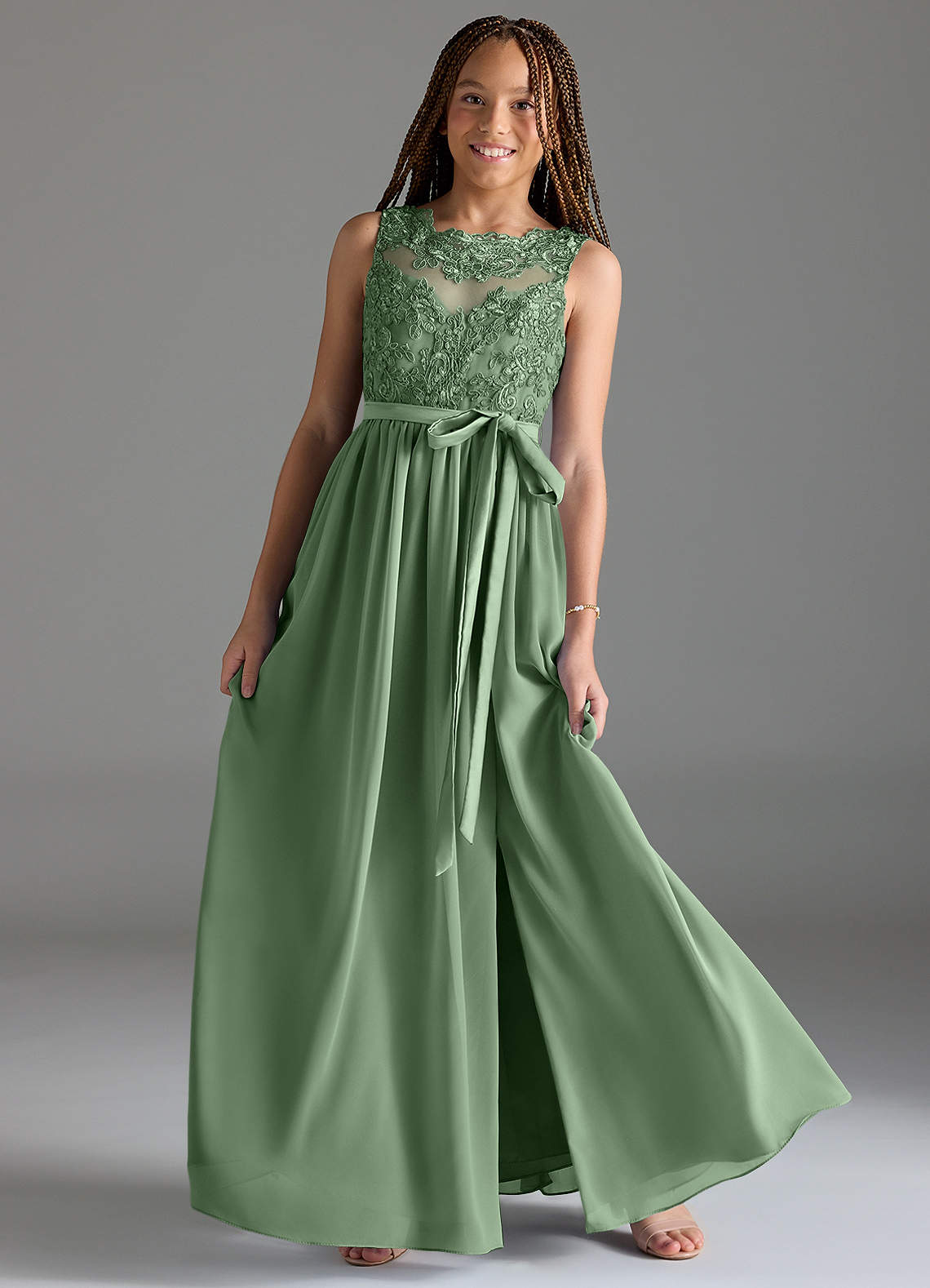 Azazie Elly Junior Matcha A-Line Lace Chiffon Dress image1