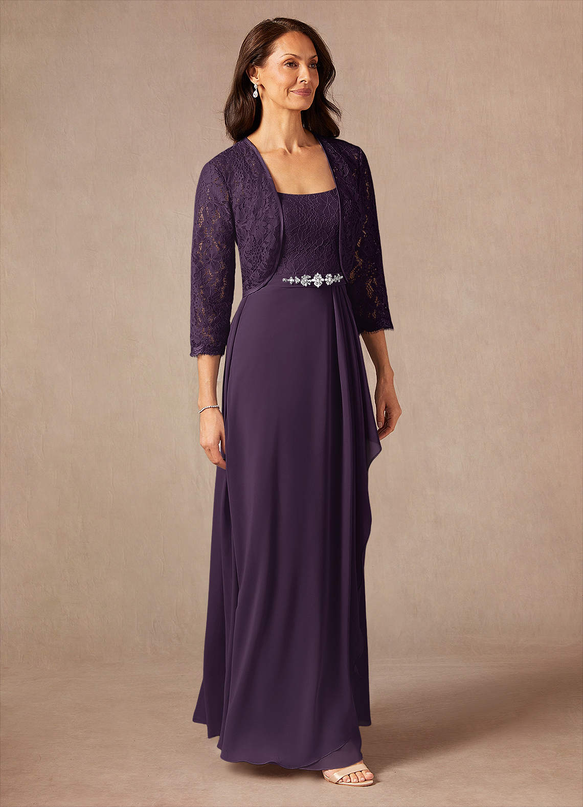 Azazie Ainsling Mother of the Bride Dresses Plum A-Line Square Neckline Lace Chiffon Dress image5
