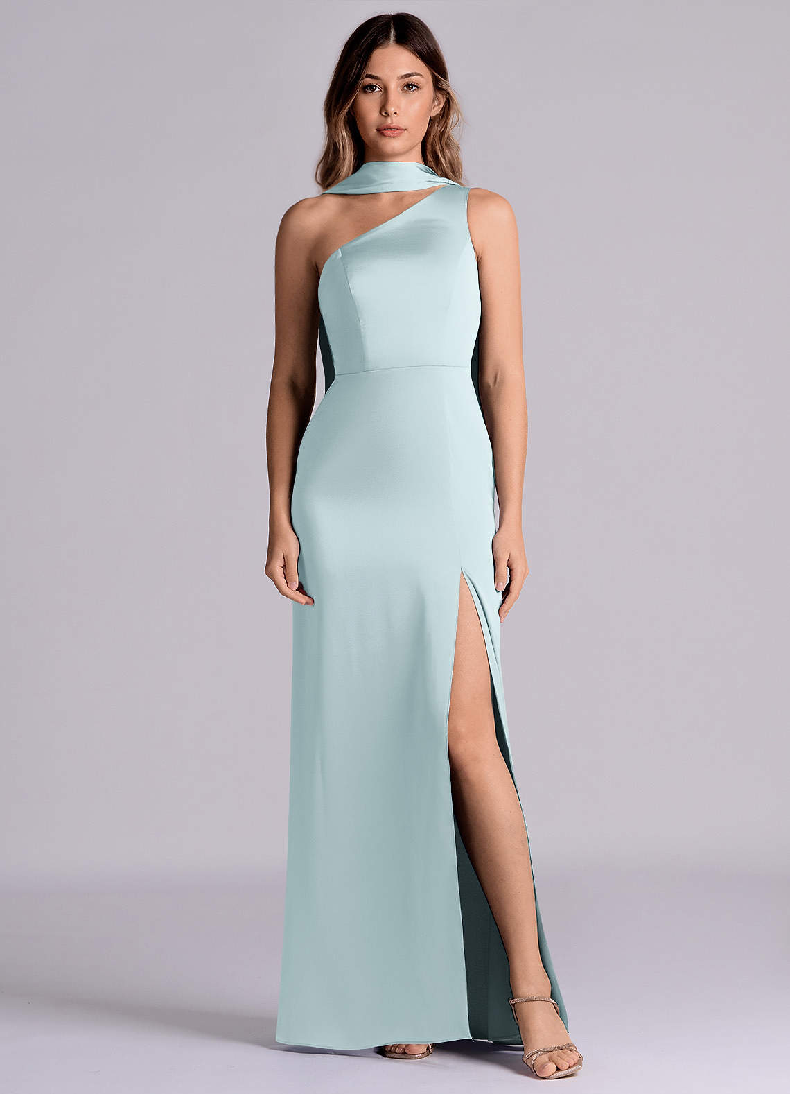 Azazie Philana Brautjungfernkleider A-Linie One-Shoulder Stretch-Satin Kleid Nebel image1